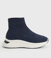 New Look Navy Knit Metal Trim Wedge Trainers